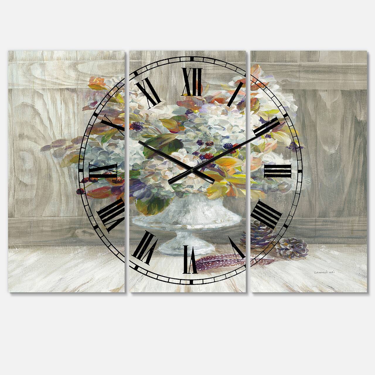 Designart 'Rustic Florals White Lodge Multipanel Wall Clock